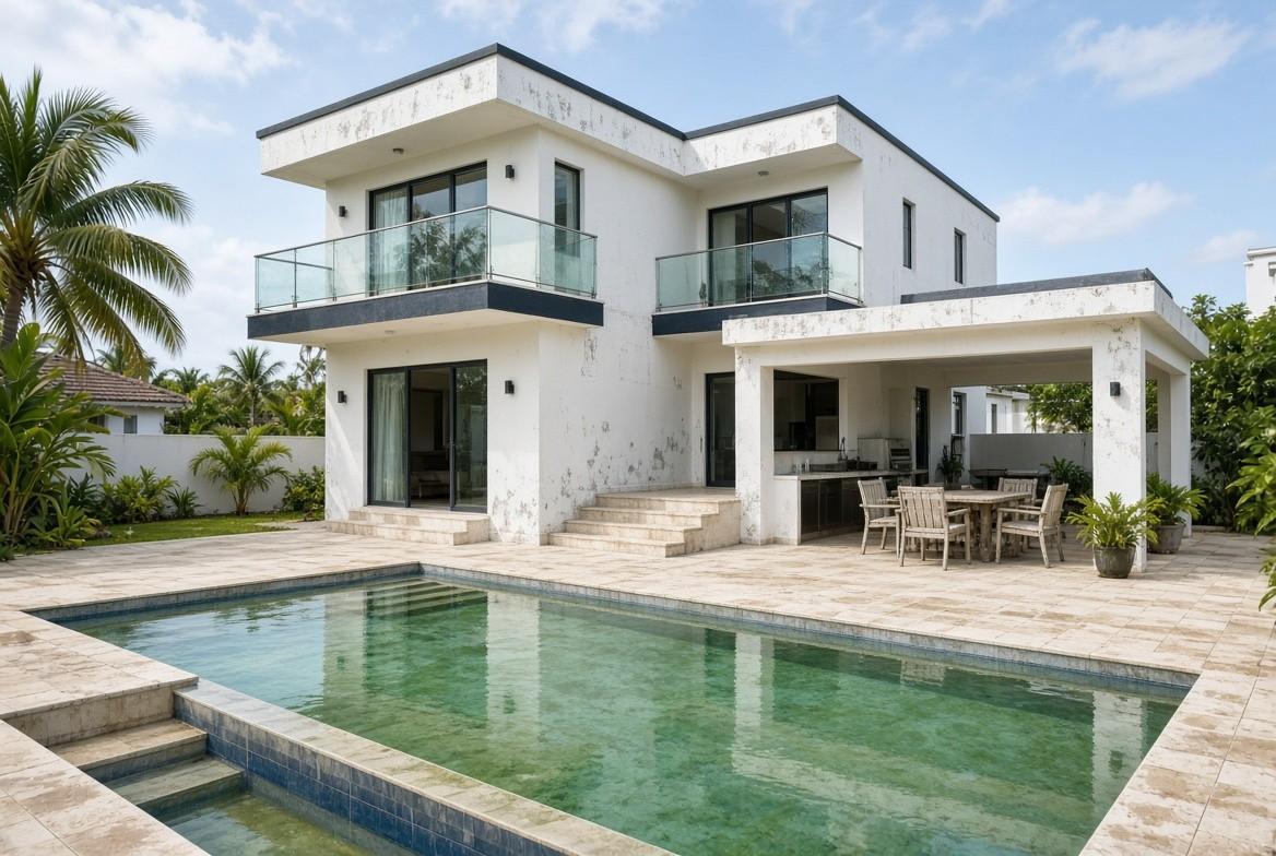 Visualisation: weathered villa with pool before the renovation